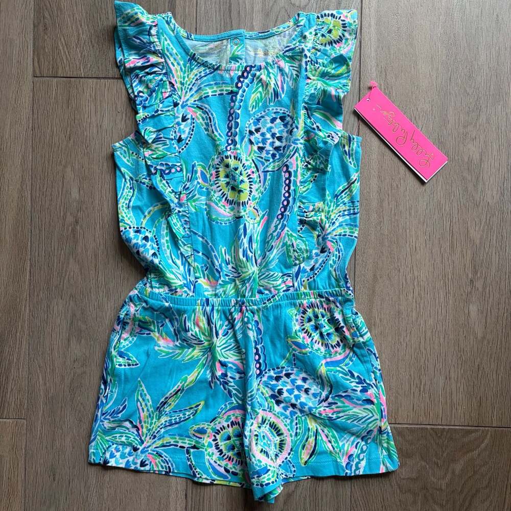 Lilly Pulitzer Girls Judith Romper Bermuda Blue Turtle Szn Sz S 4-5